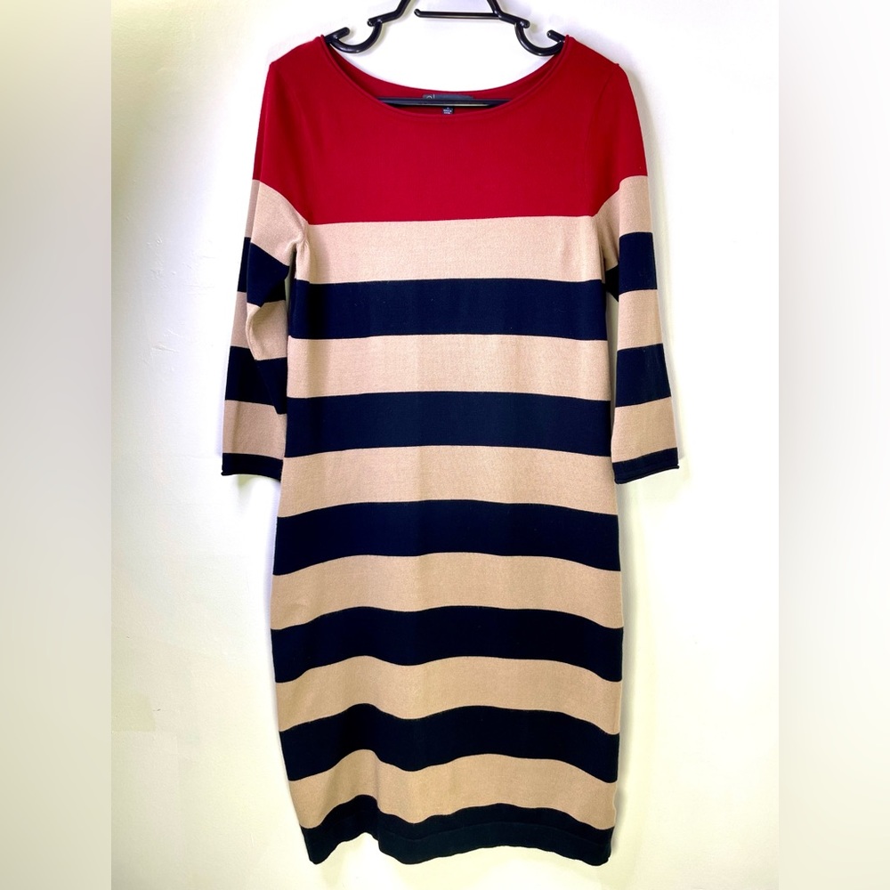 Adrianna Papell M Knit Sweater Dress Tan Black Red Nautical Stripe